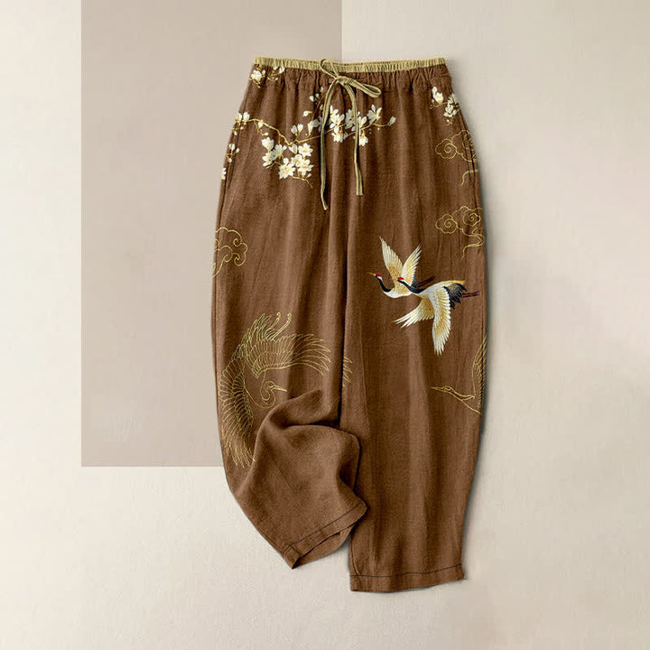 Buddha Stones Pure Cotton Flying Crane Floral Pattern Women's Elastic Waist Pants With Pockets - Brown - US16，UK/AU20，EU48 (3XL) - image 4