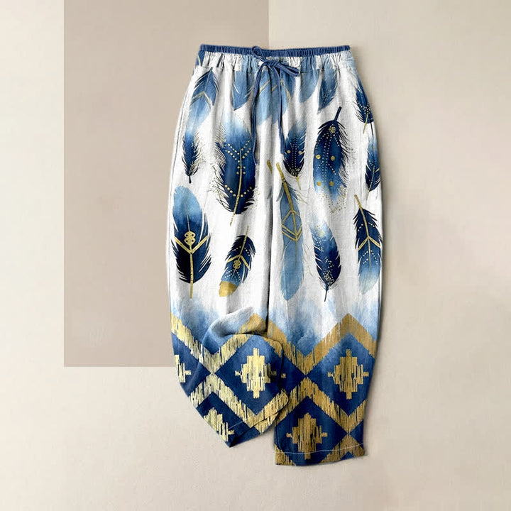 Buddha Stones Pure Cotton Navy Feather And Gold Border Pattern Women's Elastic Waist Pants With Pockets - White - US16，UK/AU20，EU48 (3XL) - image 0
