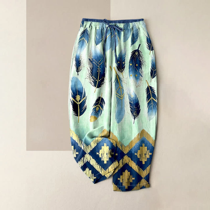 Buddha Stones Pure Cotton Navy Feather And Gold Border Pattern Women's Elastic Waist Pants With Pockets - Aquamarine - US16，UK/AU20，EU48 (3XL) - image 3