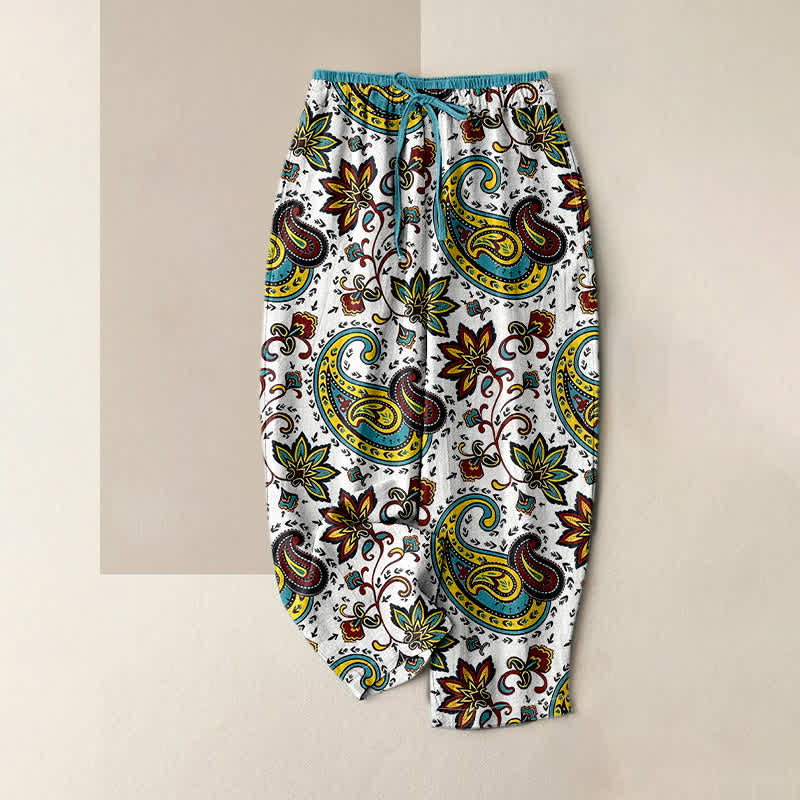 Buddha Stones Pure Cotton Paisley Floral Pattern Women's Elastic Waist Harem Pants With Pockets - White - US16，UK/AU20，EU48 (3XL) - image 3