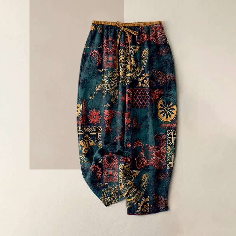 Buddha Stones Cotton Floral Pattern Women's Elastic Waist Pants With Pockets - Teal - US16，UK/AU20，EU48 (3XL) - image 0