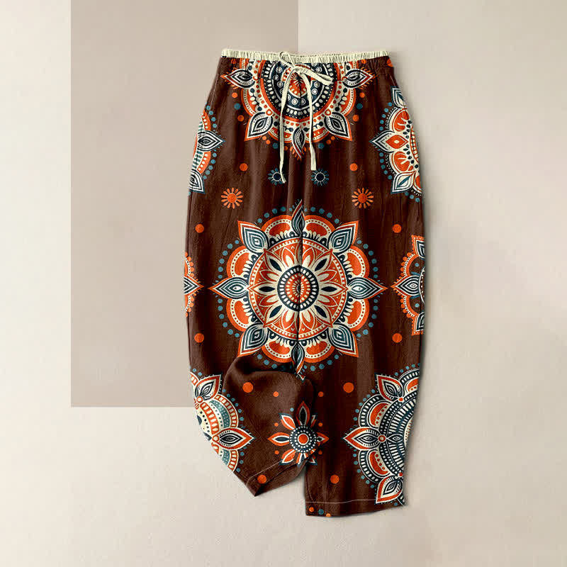 Buddha Stones Pure Cotton Mandala Floral Pattern Women's Elastic Waist Pants With Pockets - Brown - US16，UK/AU20，EU48 (3XL) - image 0