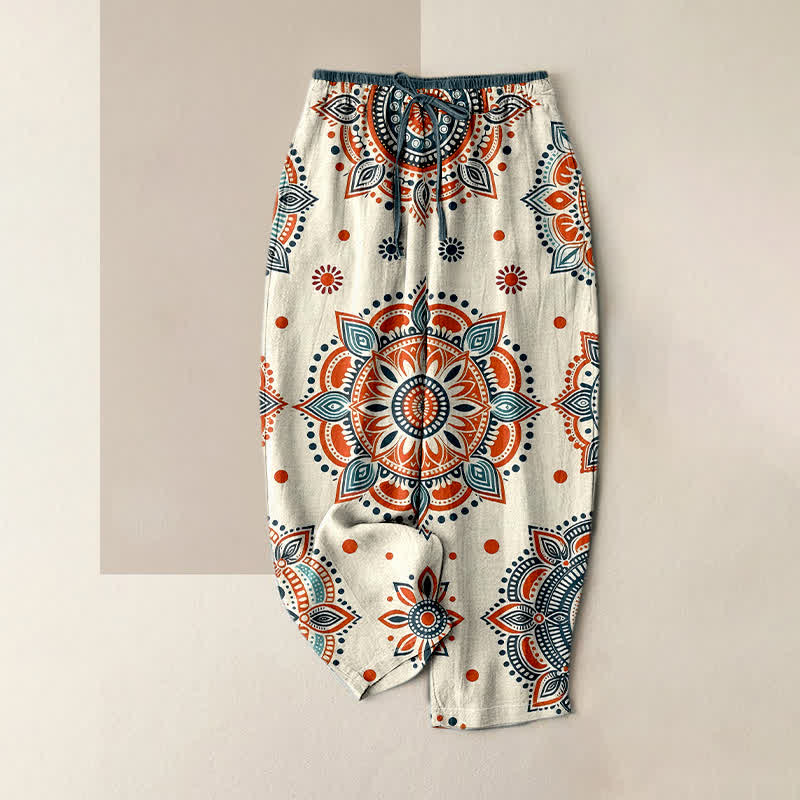 Buddha Stones Pure Cotton Mandala Floral Pattern Women's Elastic Waist Pants With Pockets - Ivory - US16，UK/AU20，EU48 (3XL) - image 3