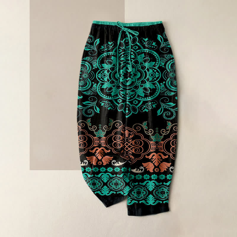 Buddha Stones Pure Cotton Mandala Pattern Women's Elastic Waist Pants With Pockets - Teal - US16，UK/AU20，EU48 (3XL) - image 0