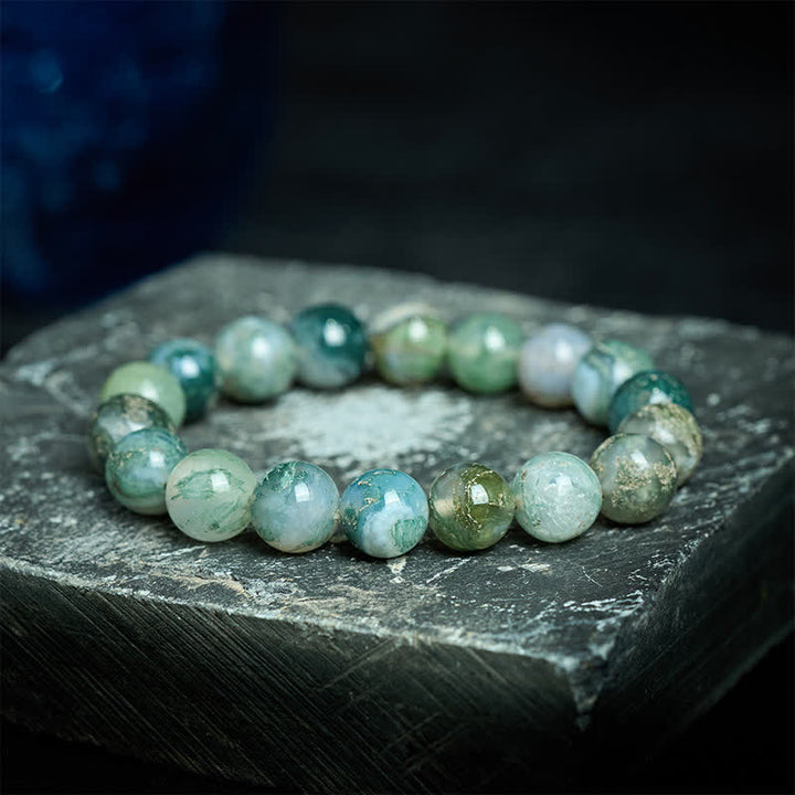Buddha Stones Simple Moss Agate Bead Healing Bracelet - 14mm Moss Agate(Wrist Circumference: 18-19cm) - image 0