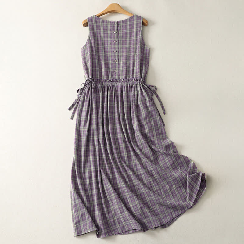 Buddha Stones Summer Vintage Drawstring Waist Button-Up Plaid Cotton Women's Sleeveless Dress With Pockets - image 1