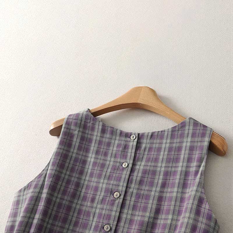 Buddha Stones Summer Vintage Drawstring Waist Button-Up Plaid Cotton Women's Sleeveless Dress With Pockets - image 2