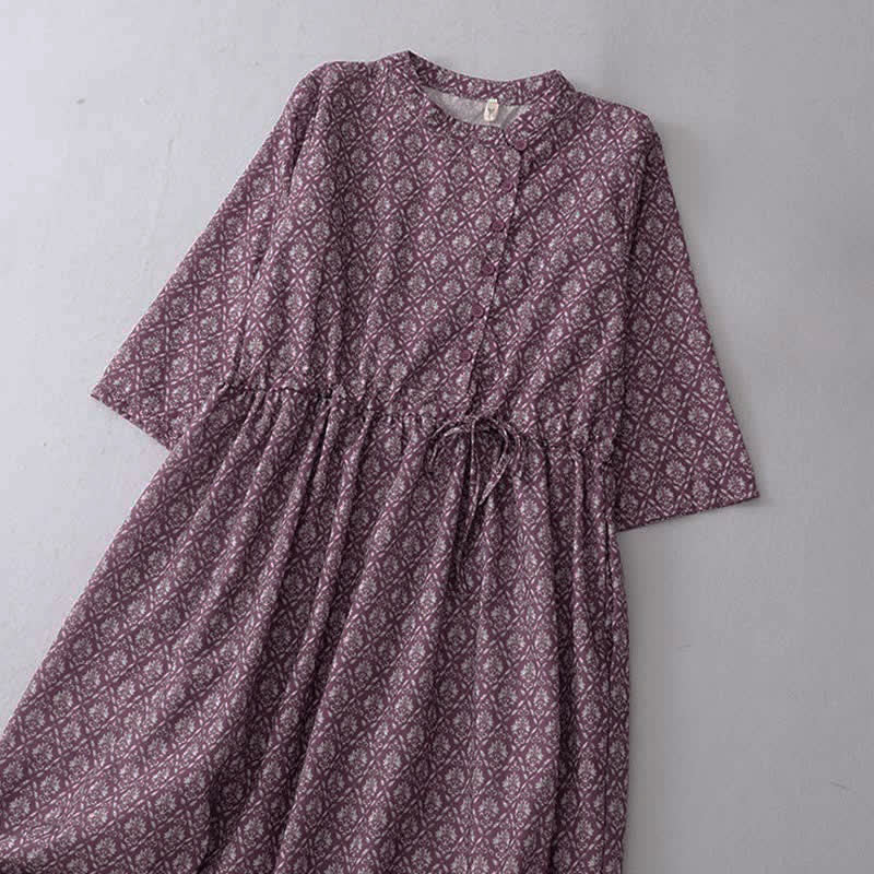 Buddha Stones Summer Drawstring Button-Up Floral Print Women's Short Sleeve Dress With Pockets - image 2