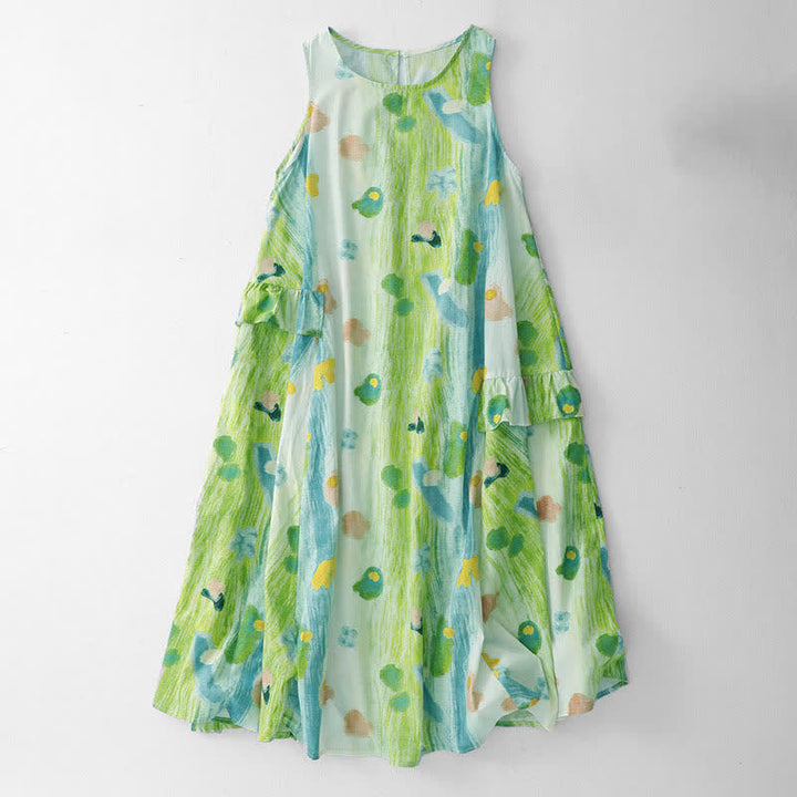 Buddha Stones Summer Washed Watercolor Floral Print Women's Sleeveless Dress - PaleGreen - US14，UK/AU18，EU46 (2XL) - image 0