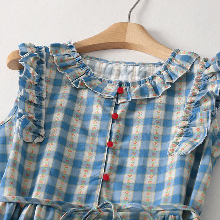 Buddha Stones Summer Button-Up Drawstring Gingham Women's Summer Sleeveless Dress With Pockets - image 4