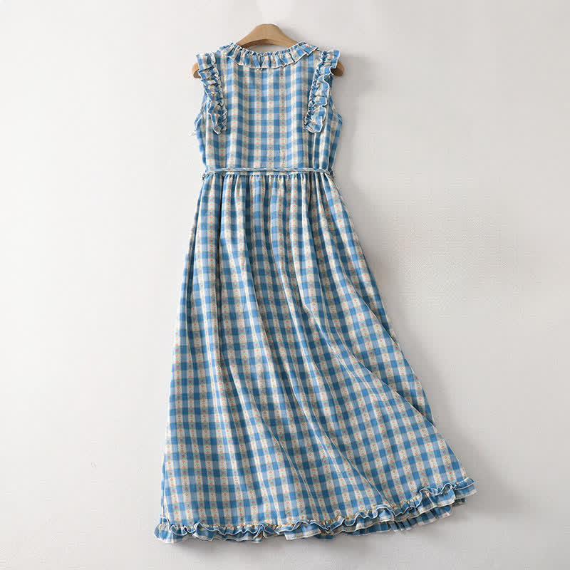 Buddha Stones Summer Button-Up Drawstring Gingham Women's Summer Sleeveless Dress With Pockets - image 1