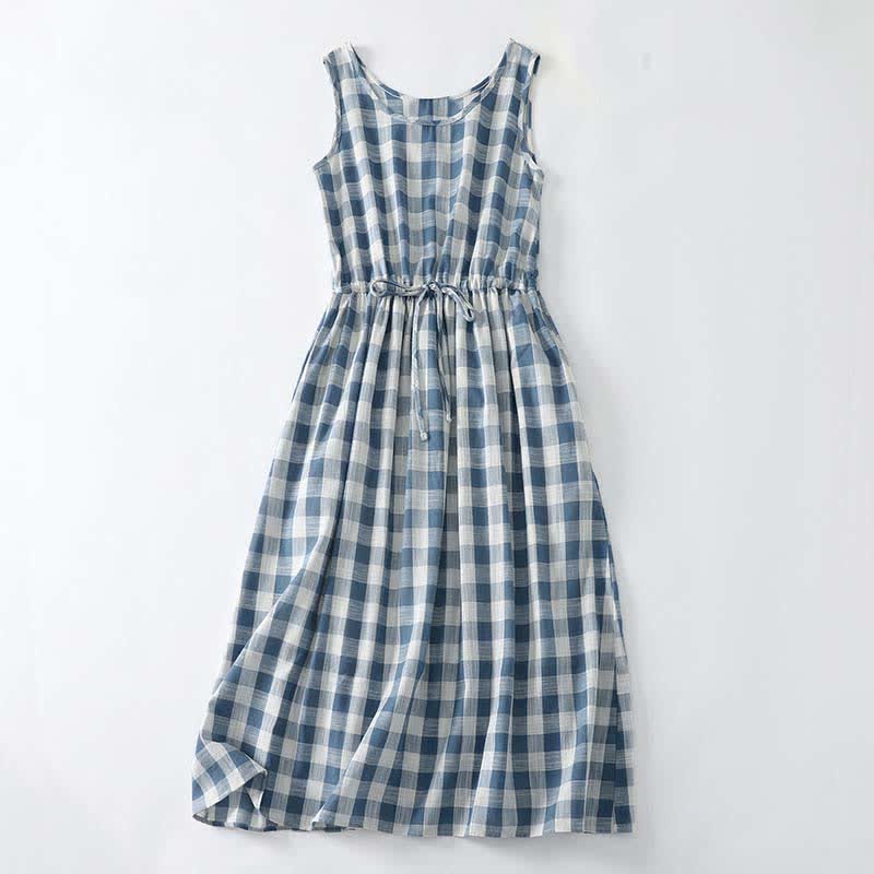 Buddha Stones Summer Casual Drawstring Blue White Gingham Women's Summer Sleeveless Dress With Pockets - lightsteelblue - US12，UK/AU16，EU44 (2XL) - image 0