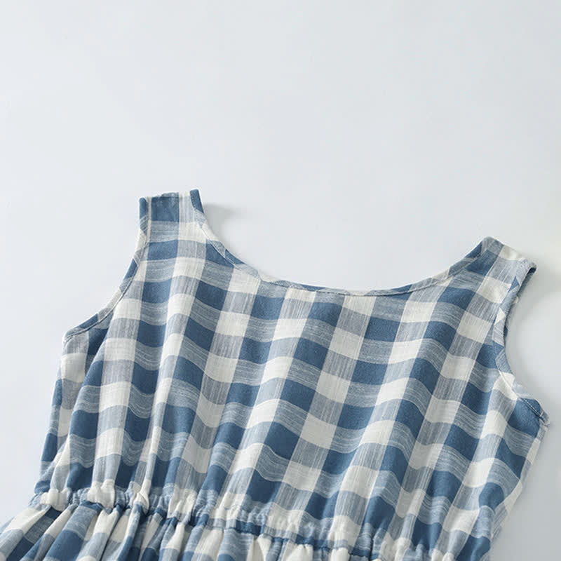 Buddha Stones Summer Casual Drawstring Blue White Gingham Women's Summer Sleeveless Dress With Pockets - image 1
