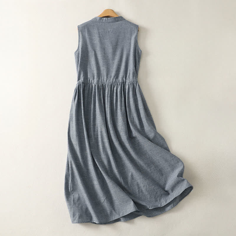 Buddha Stones Summer Minimalist Button-Up Drawstring Striped Women's Sleeveless Dress - image 1