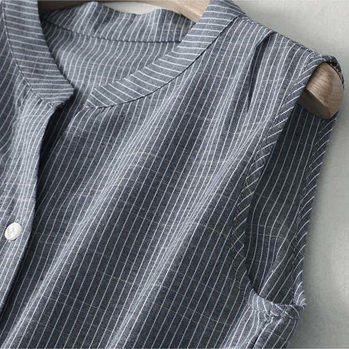 Buddha Stones Summer Minimalist Button-Up Drawstring Striped Women's Sleeveless Dress - image 4