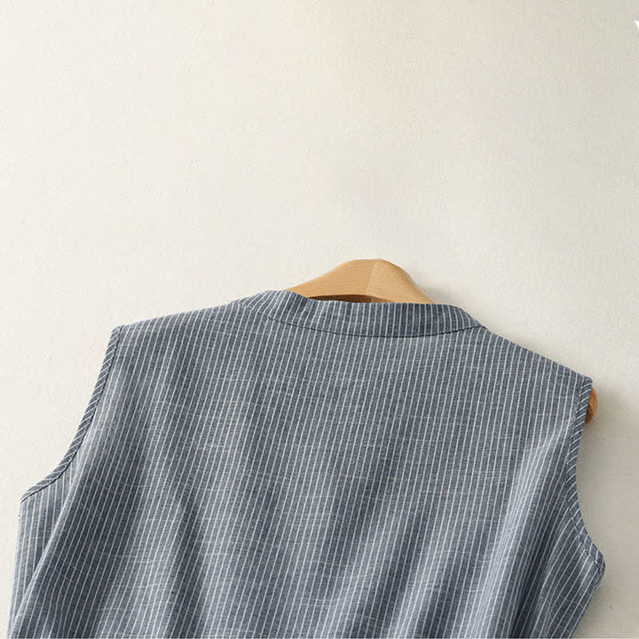 Buddha Stones Summer Minimalist Button-Up Drawstring Striped Women's Sleeveless Dress - image 3