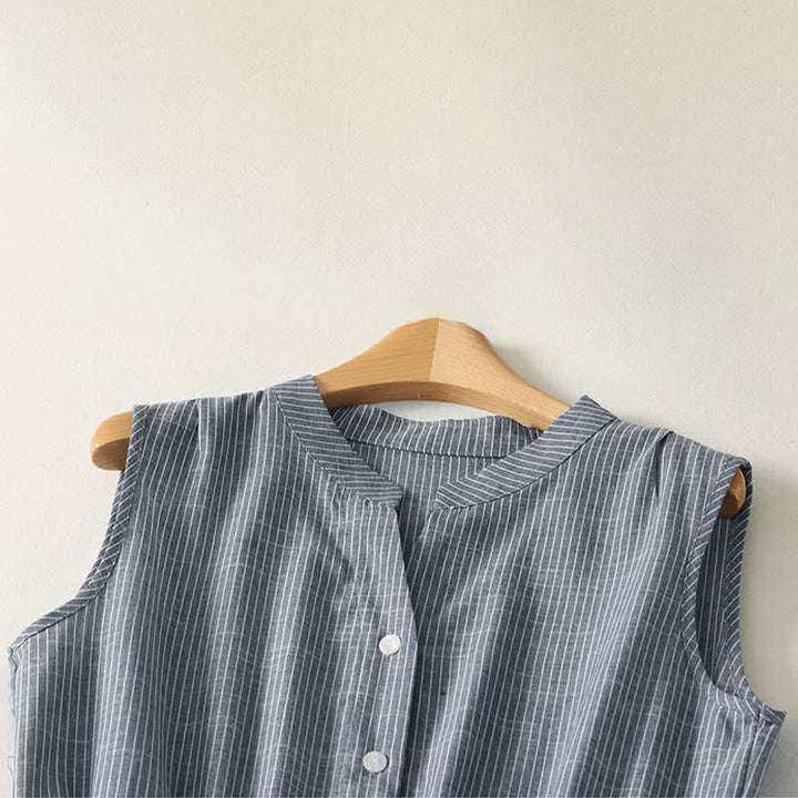 Buddha Stones Summer Minimalist Button-Up Drawstring Striped Women's Sleeveless Dress - image 2
