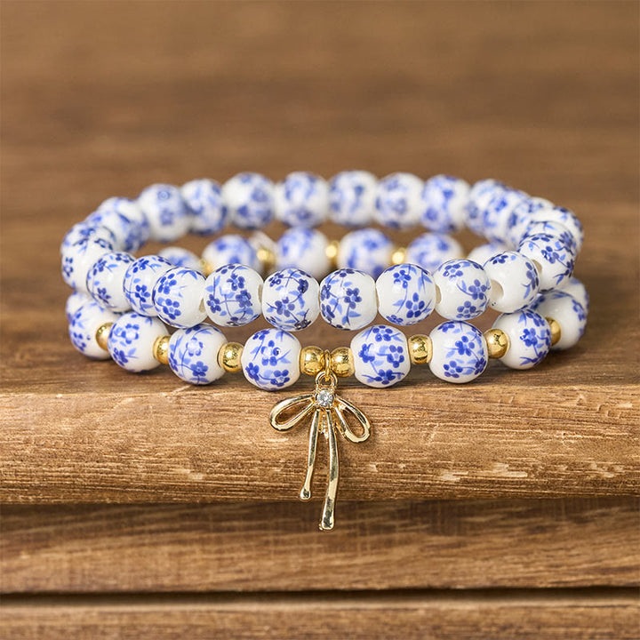 Buddha Stones Blue And White Pink Porcelain Beaded Bowknot Beaded Inner Peace Bracelet - Blue and White(Wrist Circumference:15-16cm) - image 0