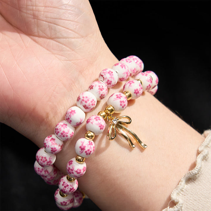 Buddha Stones Blue And White Pink Porcelain Beaded Bowknot Beaded Inner Peace Bracelet - image 9