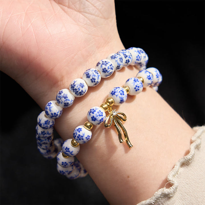 Buddha Stones Blue And White Pink Porcelain Beaded Bowknot Beaded Inner Peace Bracelet - image 3