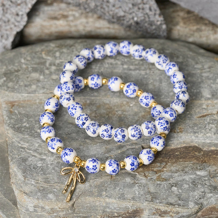 Buddha Stones Blue And White Pink Porcelain Beaded Bowknot Beaded Inner Peace Bracelet - image 2