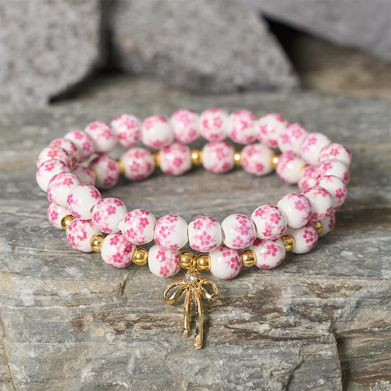 Buddha Stones Blue And White Pink Porcelain Beaded Bowknot Beaded Inner Peace Bracelet - image 7