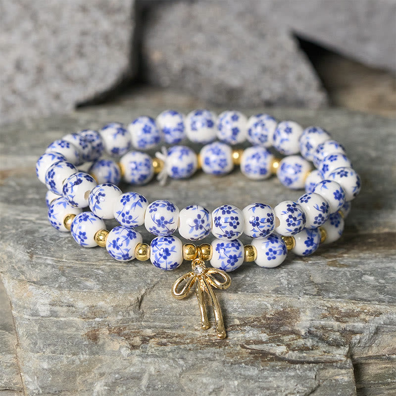 Buddha Stones Blue And White Pink Porcelain Beaded Bowknot Beaded Inner Peace Bracelet - image 1