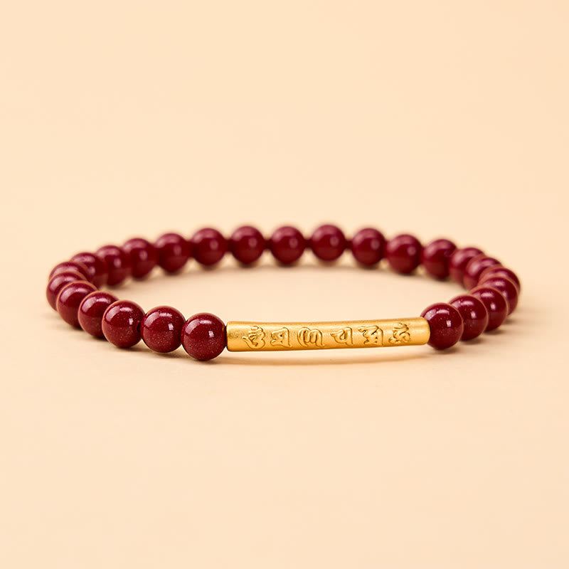 Buddha Stones Cinnabar 999 Sterling Silver Om Mani Padme Hum Wisdom Bracelet - Cinnabar Gold(Wrist Circumference:14–15 cm) - image 0