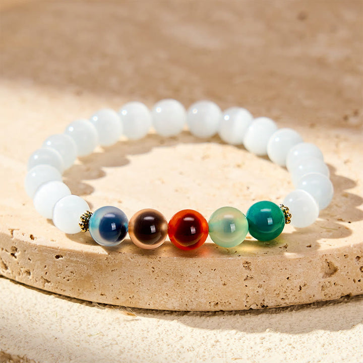 Buddha Stones White Cat's Eye Colorful Candy Agate Abundance Bracelet - White Cat's Eye Connected Candy Agate(Wrist Circumference 15–16cm) - image 0