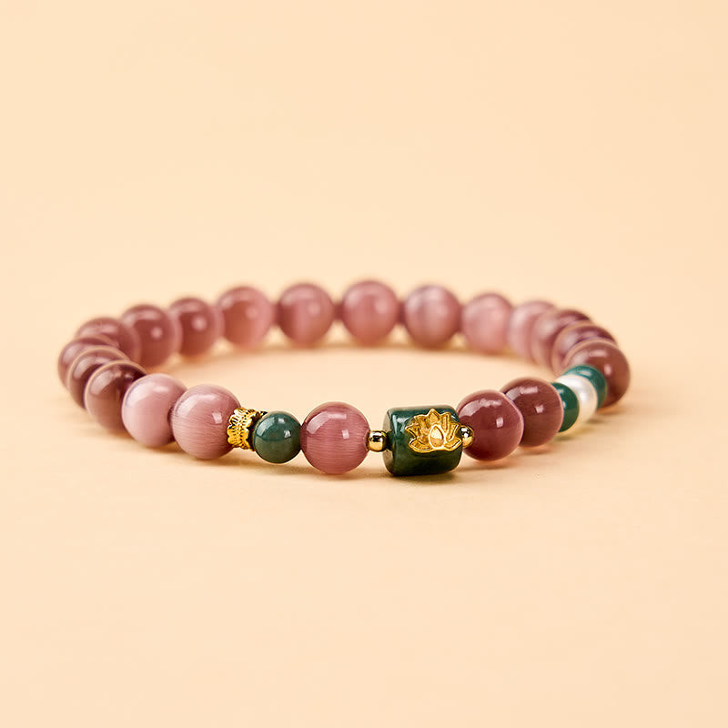 Buddha Stones Purple Cat's Eye Lotus Symbol Enlightenment Bracelet - image 1