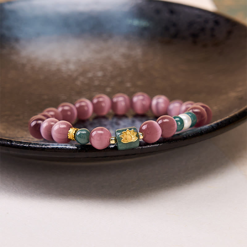 Buddha Stones Purple Cat's Eye Lotus Symbol Enlightenment Bracelet - image 3