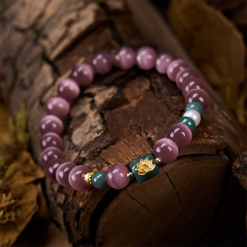 Buddha Stones Purple Cat's Eye Lotus Symbol Enlightenment Bracelet - image 4