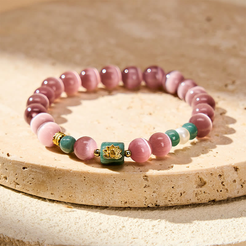 Buddha Stones Purple Cat's Eye Lotus Symbol Enlightenment Bracelet - Purple Cat's Eye(Wrist Circumference 15–16cm) - image 0