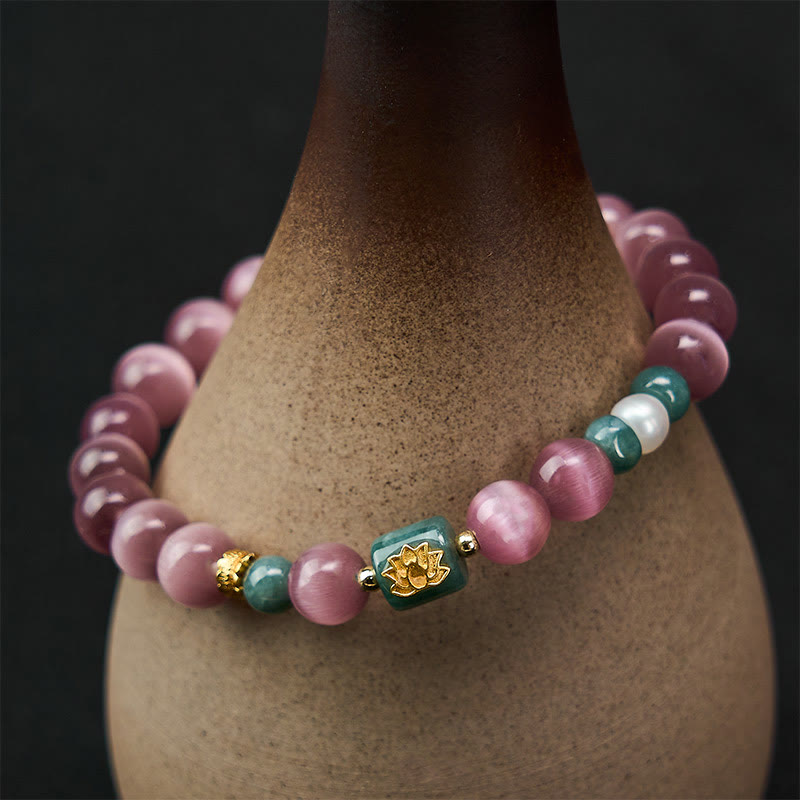 Buddha Stones Purple Cat's Eye Lotus Symbol Enlightenment Bracelet - image 5