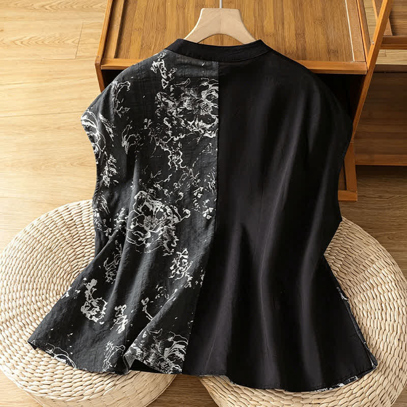Buddha Stones Summer Minimalist Mandarin Collar Asymmetric Floral Print Women's Sleeveless Shirts - image 14