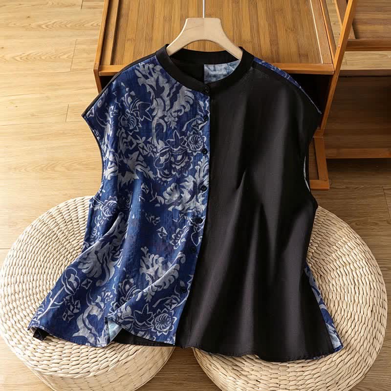 Buddha Stones Summer Minimalist Mandarin Collar Asymmetric Floral Print Women's Sleeveless Shirts - Navy - US12，UK/AU16，EU44 (2XL) - image 7