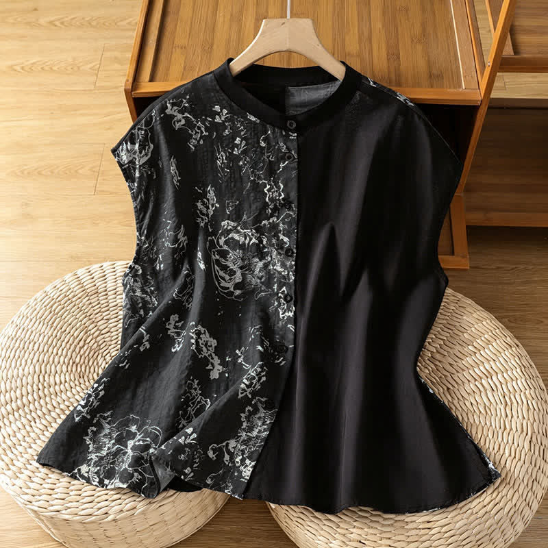 Buddha Stones Summer Minimalist Mandarin Collar Asymmetric Floral Print Women's Sleeveless Shirts - Black - US12，UK/AU16，EU44 (2XL) - image 13