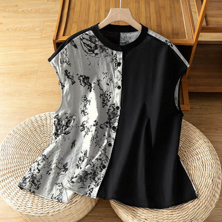 Buddha Stones Summer Minimalist Mandarin Collar Asymmetric Floral Print Women's Sleeveless Shirts - White - US12，UK/AU16，EU44 (2XL) - image 0