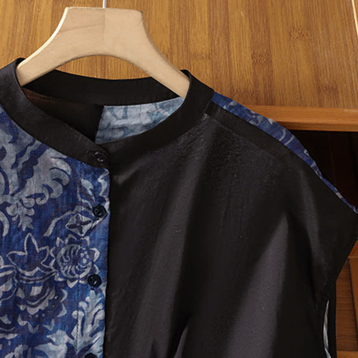 Buddha Stones Summer Minimalist Mandarin Collar Asymmetric Floral Print Women's Sleeveless Shirts - image 9