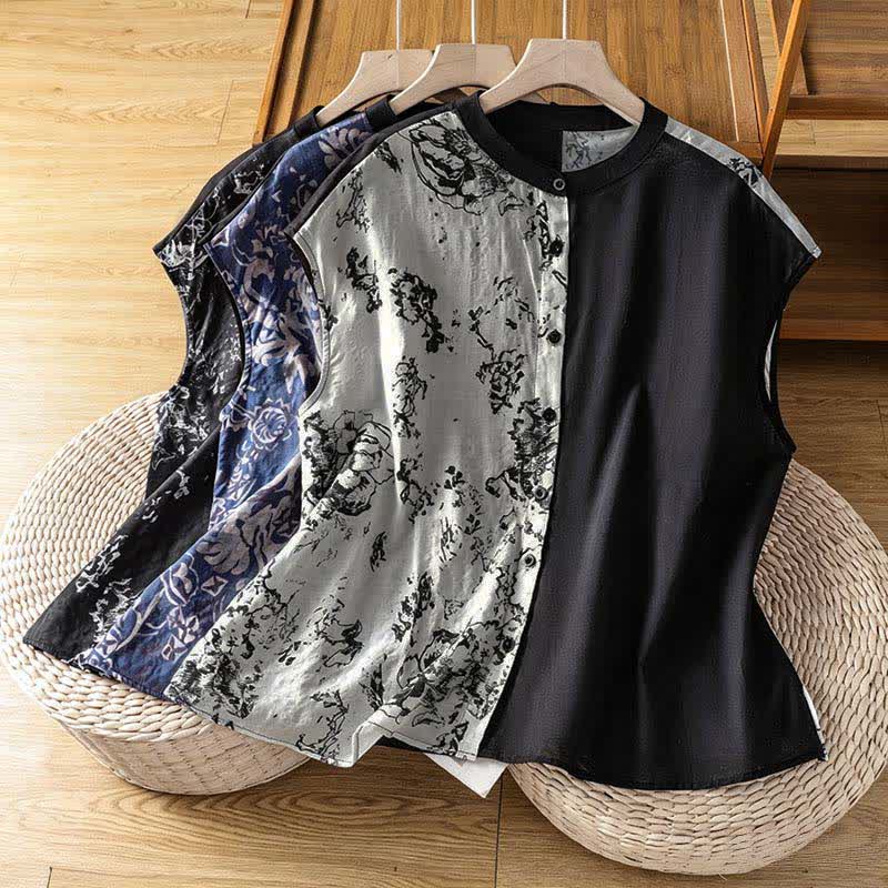 Buddha Stones Summer Minimalist Mandarin Collar Asymmetric Floral Print Women's Sleeveless Shirts - image 19