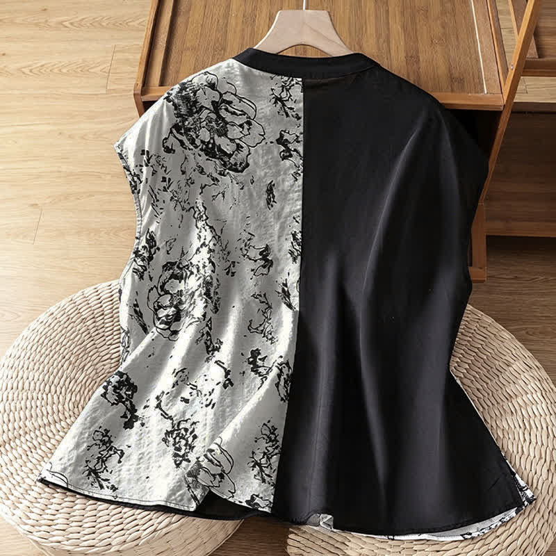 Buddha Stones Summer Minimalist Mandarin Collar Asymmetric Floral Print Women's Sleeveless Shirts - image 1