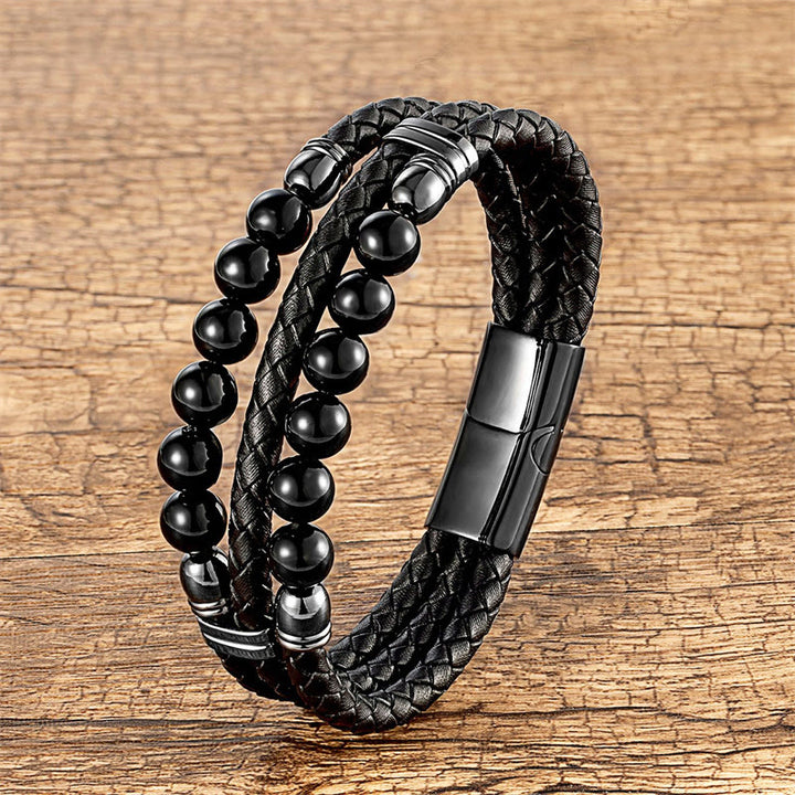 Buddha Stones Tiger Eye Hematite Lava Rock Black Onyx Lazurite Lapis Lazuli Beads Protection Strength Leather Bracelet - Black Onyx - 18-22cm - image 13