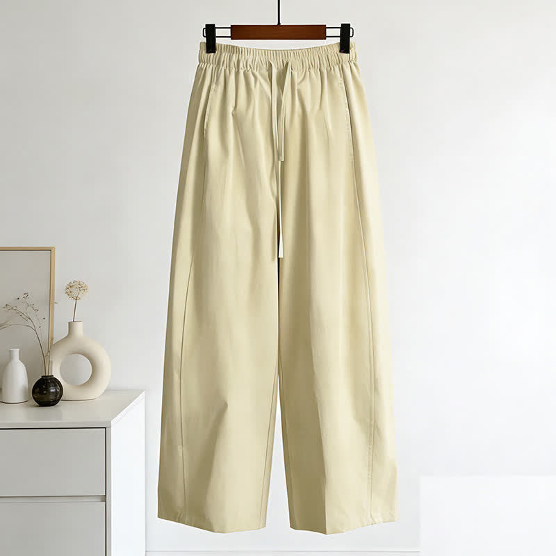 Buddha Stones Summer Minimalist Drawstring Solid Women's Wide Leg Pants With Pockets - PaleGoldenrod - US8-10，UK/AU12-14，EU40-42 (2XL) - image 0