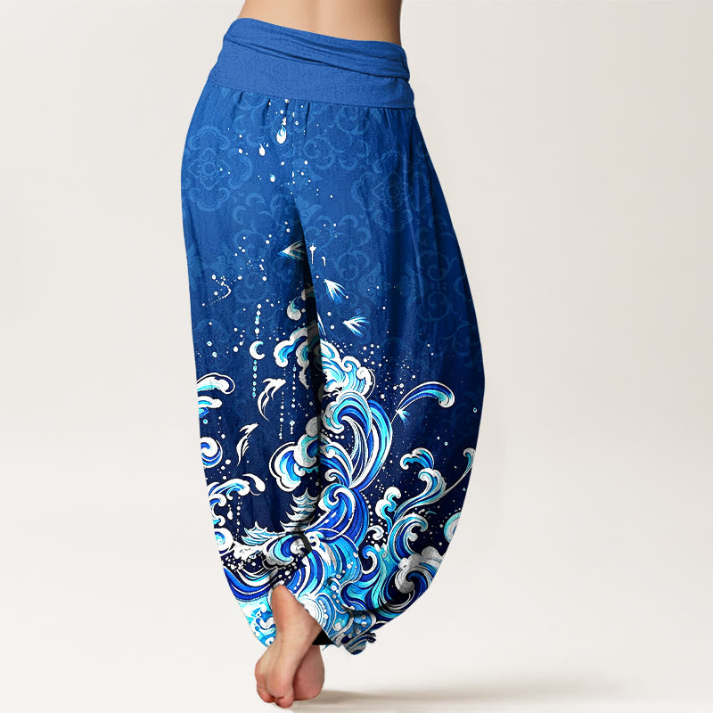 Buddha Stones Pure Cotton Ocean Wave Gradient Pattern Women's Elastic Waist Harem Pants - image 2