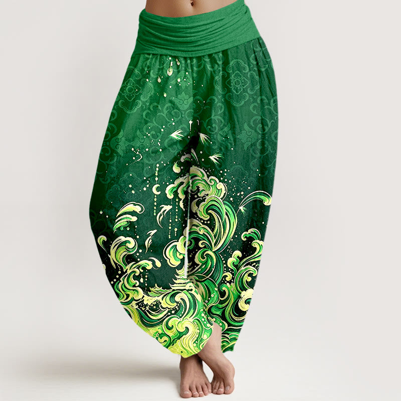 Buddha Stones Pure Cotton Ocean Wave Gradient Pattern Women's Elastic Waist Harem Pants - ForestGreen - US16，UK/AU20，EU48 (3XL) - image 5