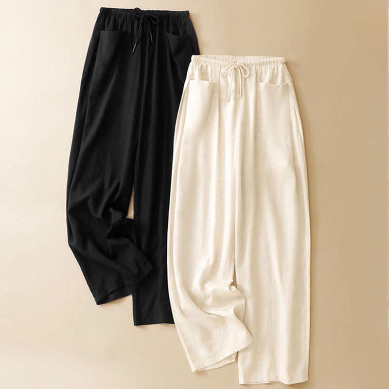 Buddha Stones Summer Minimalist Drawstring Solid Women's Straight Pants With Pockets - image 13