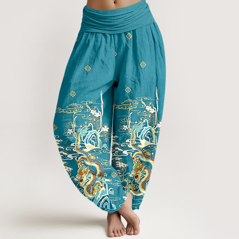 Buddha Stones Pure Cotton Dragon Cloud Wave Pattern Women's Elastic Waist Harem Pants - Turquoise - US16，UK/AU20，EU48 (3XL) - image 0