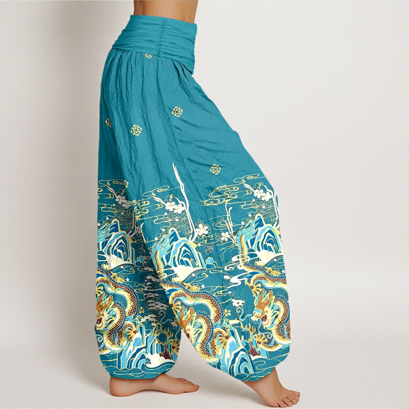 Buddha Stones Pure Cotton Dragon Cloud Wave Pattern Women's Elastic Waist Harem Pants - image 2
