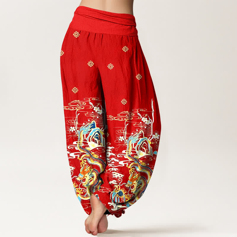 Buddha Stones Pure Cotton Dragon Cloud Wave Pattern Women's Elastic Waist Harem Pants - image 6