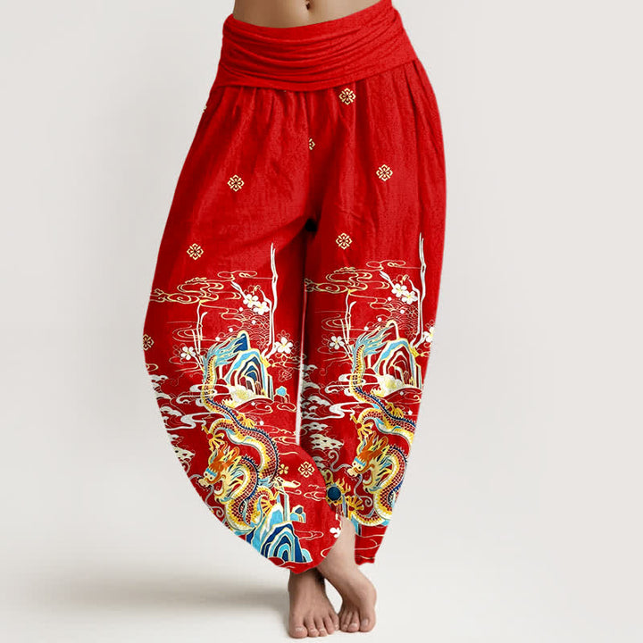 Buddha Stones Pure Cotton Dragon Cloud Wave Pattern Women's Elastic Waist Harem Pants - Red - US16，UK/AU20，EU48 (3XL) - image 5